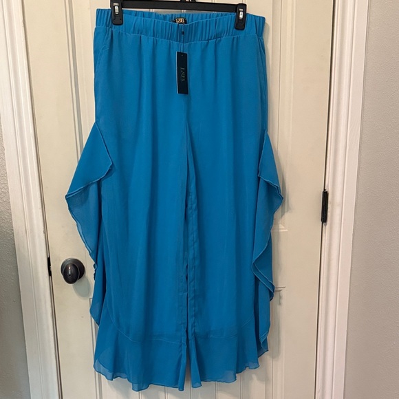 L&B Pants - L&B Wide Leg Ruffle Side Panel Pants in Bright Teal Blue